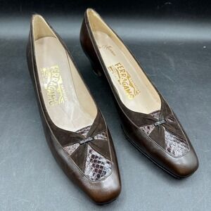 Vtg Salvatore Ferragamo Sz 7.5 Narrow  Brown Leather Snakeskin Kitten Heels Shoe